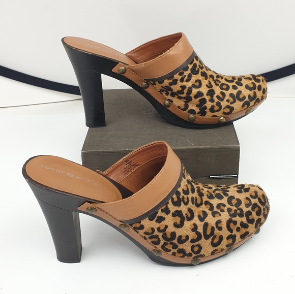 Tommy Hilfiger Shoes - Tommy Hilfiger mules leopard pony hair wooden high heels size 8